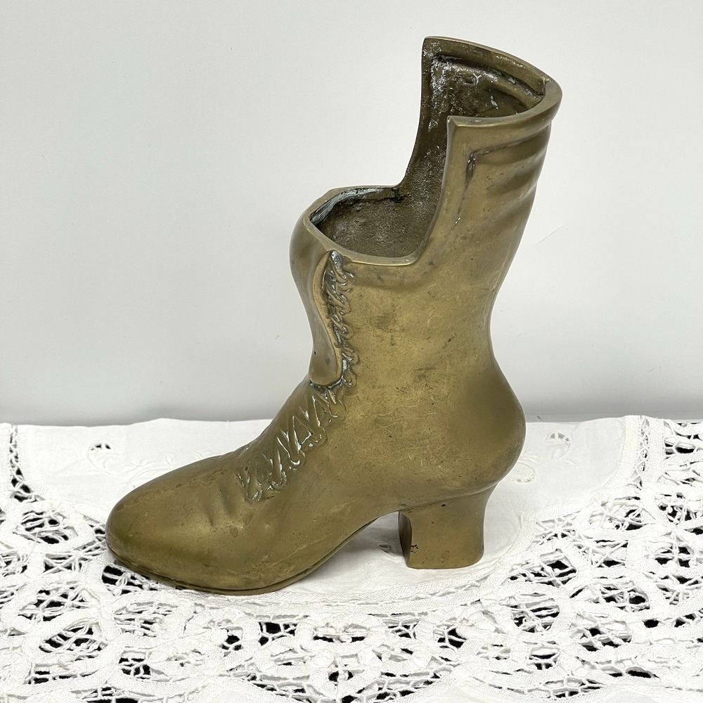 Vtg MCM Solid Brass Victorian Style Ladies Boot Flower Vase Paper Weight 7.75 in